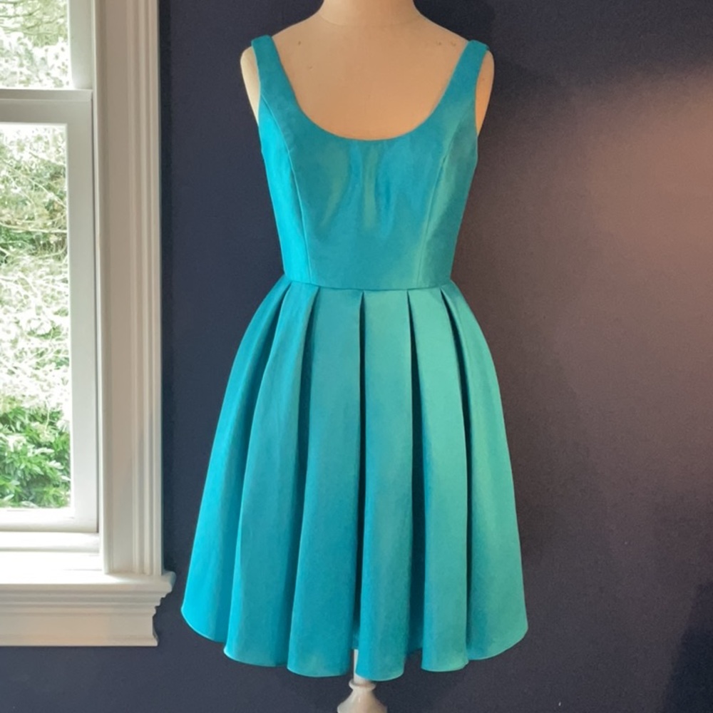 Sherri Hill Blue Pleated Fit and Flare Mini Dress